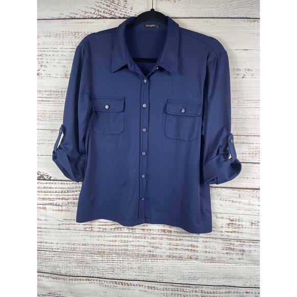 J.McLaughlin Shirt Womens Large Blue Stretch Button Front Roll Tab 3/4 Sleeve - Picture 4 of 8